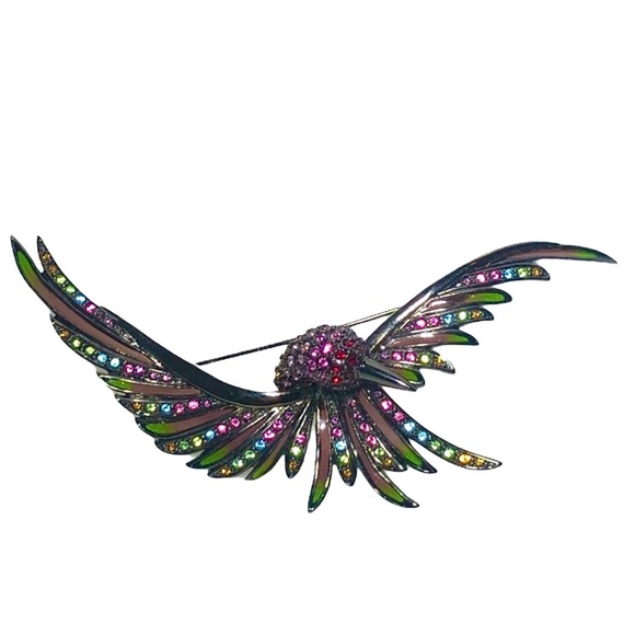 VINTAGE JOAN RIVERS MULTICOLOR CRYSTALS SWOOPING BIRD IN FLIGHT BROOCH - Picture 8 of 16
